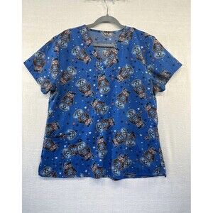 GT Performance Scrub Shirt Blue Owls Jack-o-Lantern Print Woman XL Top Halloween